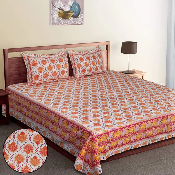 Orange_Cotton_Lotus_Harmony_Double_Bedsheet_With_Pillow_Cover_120X120_Cm